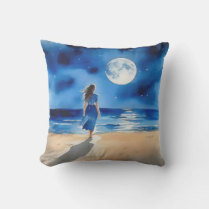 Meisje op het strand onder een volle maan buitenkussen