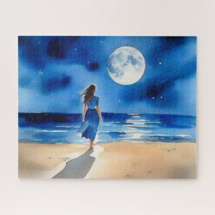 Meisje op het strand onder een volle maan legpuzzel