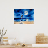 Meisje op het strand onder een volle maan poster (Keuken)