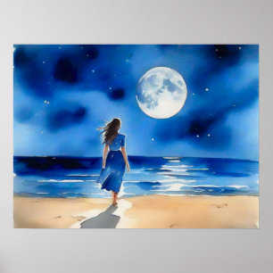 Meisje op het strand onder een volle maan poster