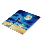 Meisje op het strand onder een volle maan tegeltje (Zijkant)