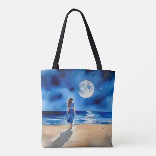 Meisje op het strand onder een volle maan tote bag (Achterkant)