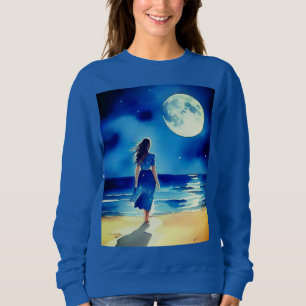 Meisje op het strand onder een volle maan trui