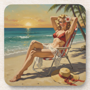 Meisje op het strand Retro jaren '50 Pin-up kunst Bier Onderzetter