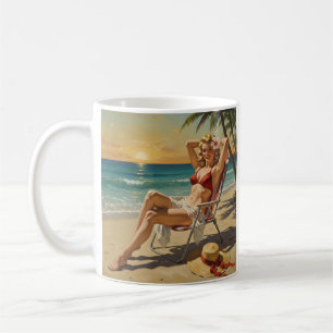 Meisje op het strand Retro jaren '50 Pin-up kunst Koffiemok