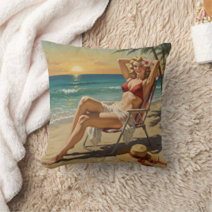 Meisje op het strand Retro jaren '50 Pin-up kunst Kussen