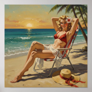 Meisje op het strand Retro jaren '50 Pin-up kunst Poster