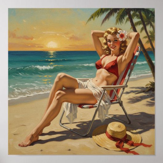 Meisje op het strand Retro jaren '50 Pin-up kunst Poster (Voorkant)