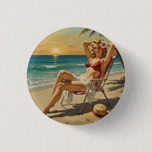 Meisje op het strand Retro jaren '50 Pin-up kunst Ronde Button 3,2 Cm