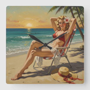 Meisje op het strand Retro jaren '50 Pin-up kunst Vierkante Klok