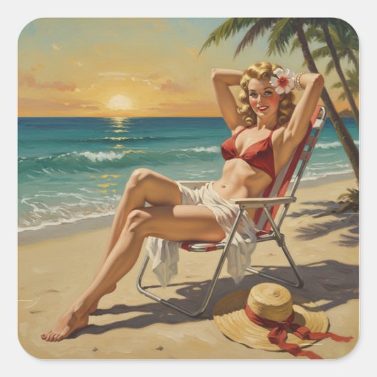Meisje op het strand Retro jaren '50 Pin-up kunst Vierkante Sticker (Voorkant)