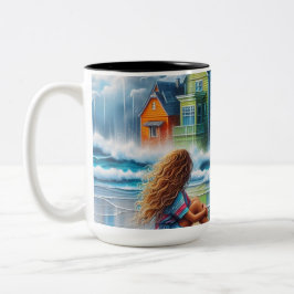 Meisje op het strand tweekleurige koffiemok