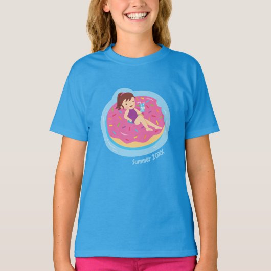 Meisje op het T-shirt Roze Doughnut Pool Float Gir (Voorkant)