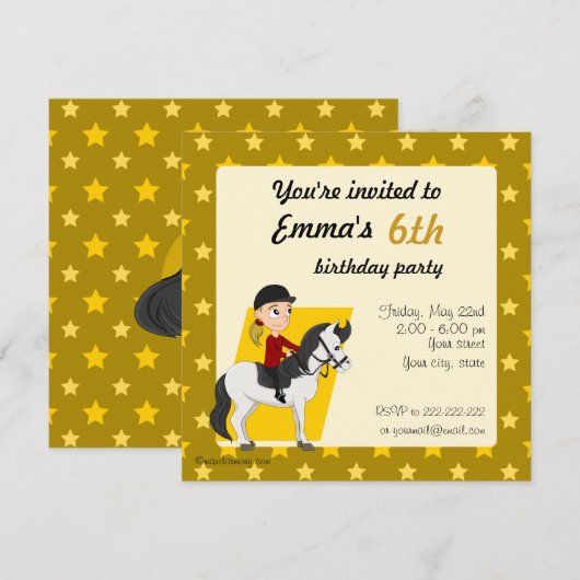 Meisje op paard cartoon verjaardagsprint uitnodigi kaart (Voorkant / Achterkant)