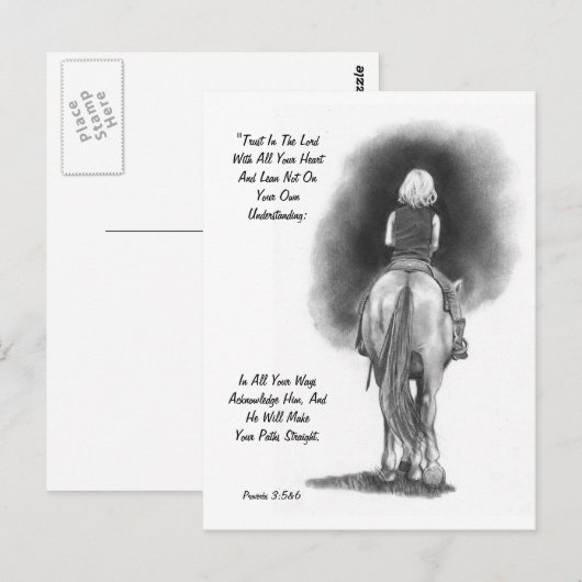 Meisje op paarden, potloodkunst: Bijbelversie: Pro Briefkaart (Voorkant / Achterkant)