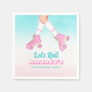 Meisje op rolschaatsen roze en blauwe verjaardag servet