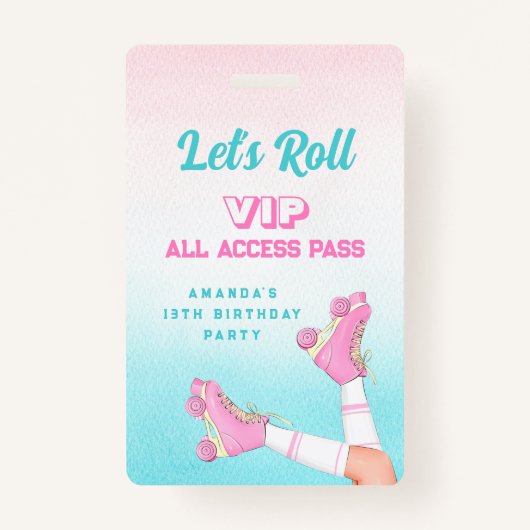 Meisje op rolschaatsen roze en blauwe verjaardag V Badge (Voorkant)
