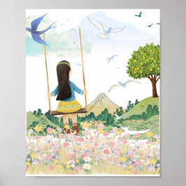 Meisje op Schommel Esthetische Muur Kunst - Whimsi Poster