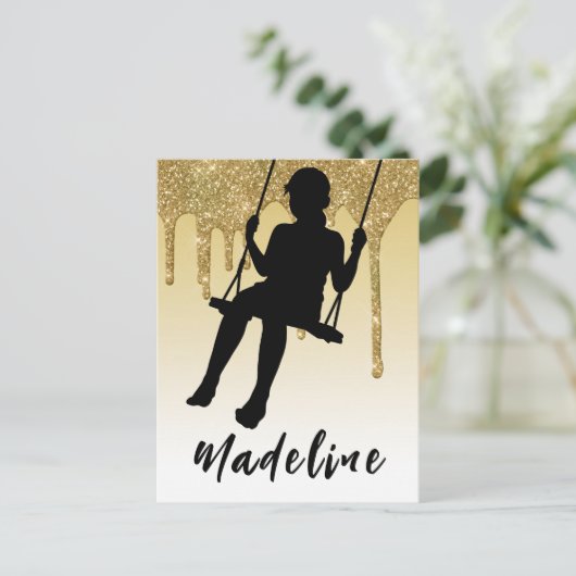 Meisje op schommel Goud Glitter Drip Ombre   Briefkaart (Staand voorkant)
