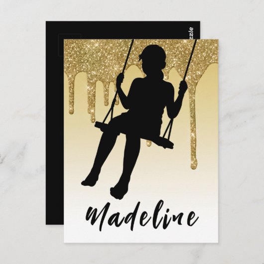 Meisje op schommel Goud Glitter Drip Ombre   Briefkaart (Voorkant / Achterkant)