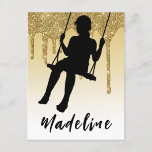 Meisje op schommel Gouden Glitter Drip Ombre   Briefkaart