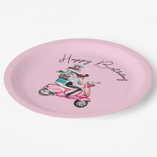 Meisje op Scooter Gelukkige verjaardag Papieren Bordje (Gekanteld)