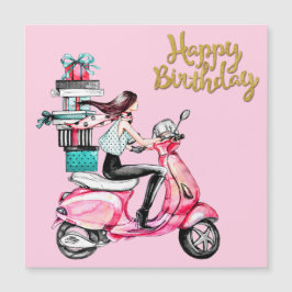 Meisje op scooter met cadeaus 