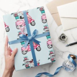 Meisje op scooter met Cadeaus Cadeaupapier