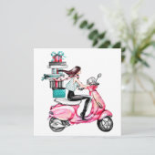 Meisje op scooter met cadeaus kaart (Staand voorkant)