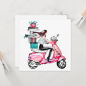 Meisje op scooter met cadeaus kaart (Voorkant / Achterkant in situ)