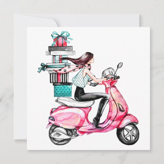 Meisje op scooter met cadeaus kaart (Voorkant)