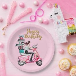 Meisje op scooter met Cadeaus Papieren Bordje