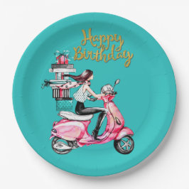 Meisje op scooter met Cadeaus Papieren Bordje