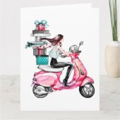 Meisje op scooter met kerstcadeaus    kaart (Voorkant)