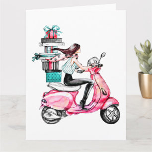 Meisje op scooter met kerstcadeautjes kaart