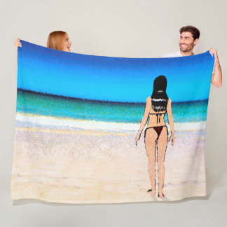 Meisje op strand met een Bikini-schilderij Fleece Deken