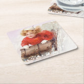 meisje op Toboggan Kerstmis Kartonnen Onderzetters (Schuin)