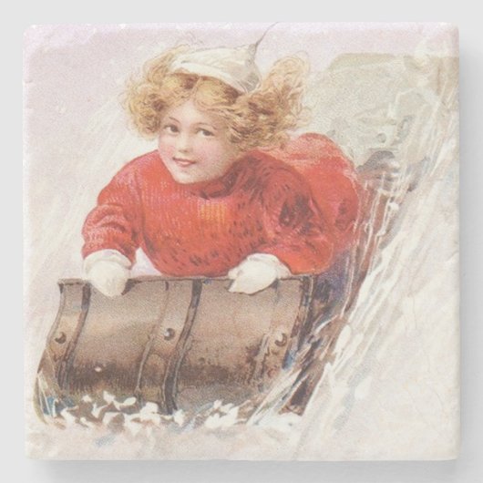 meisje op Toboggan Kerstmis Stenen Onderzetter (Voorkant)