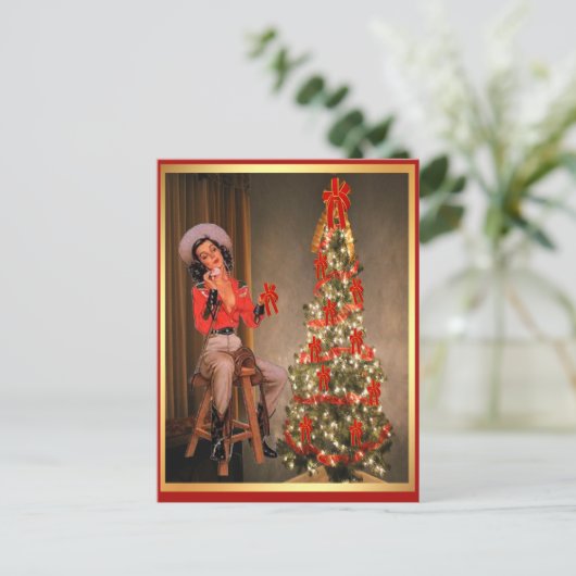  meisje op zadels met kerstboom Holi Feestdagenkaart (Staand voorkant)