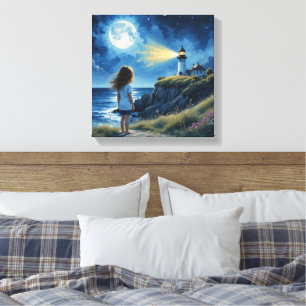 Meisje op zoek naar de vuurtoren Canvas Art Afdruk