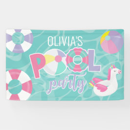 Meisje op zwembadfeestje Eenhoorn Roze en Paarse V Spandoek