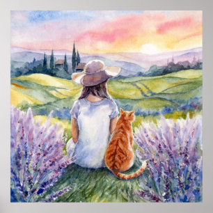 Meisje & oranje kat kijkt naar zonsopgang Aquarel  Poster