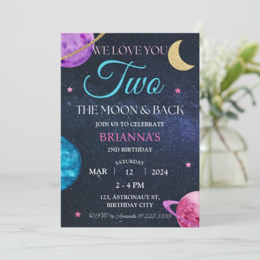 Meisje Outer Space 2e verjaardag twee de maan roze Kaart (Staand voorkant)