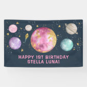 Meisje Outer Space Galaxy Maan Sterren Gelukkige V Spandoek (Horizontaal)