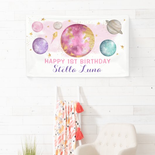 Meisje Outer Space Galaxy Roze Goud Verjaardagsfee Spandoek (Insitu)