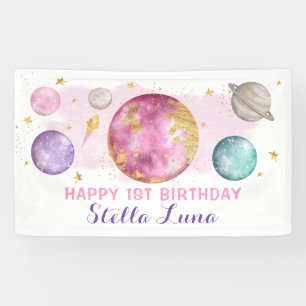 Meisje Outer Space Galaxy Roze Goud Verjaardagsfee Spandoek