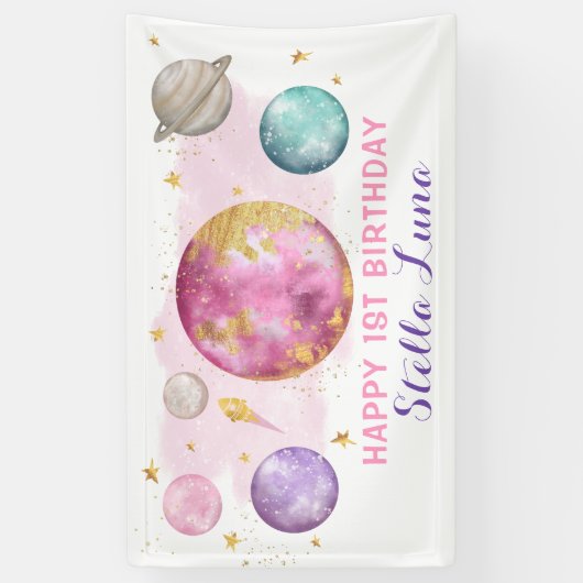 Meisje Outer Space Galaxy Roze Goud Verjaardagsfee Spandoek (Verticaal)