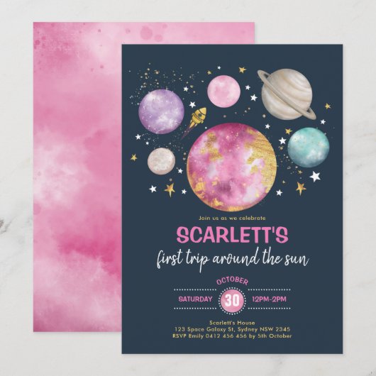 Meisje Outer Space Galaxy Verjaardag Navy Roze Gou Kaart (Voorkant / Achterkant)