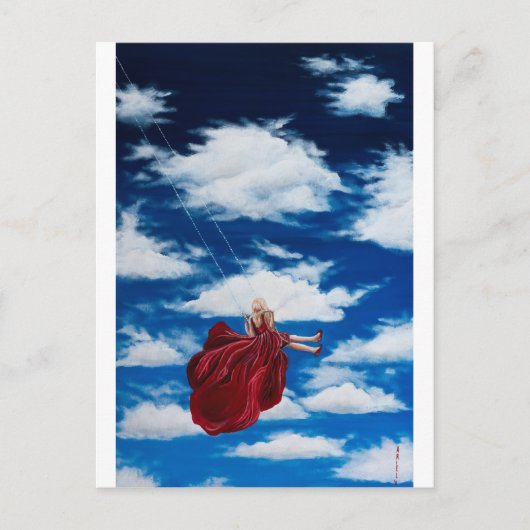 Meisje over het zwaaien in wolken briefkaart (Voorkant)