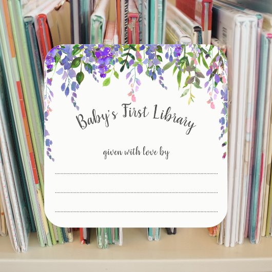 Meisje Paarse bloemenboekenplaat, boek baby shower Vierkante Sticker